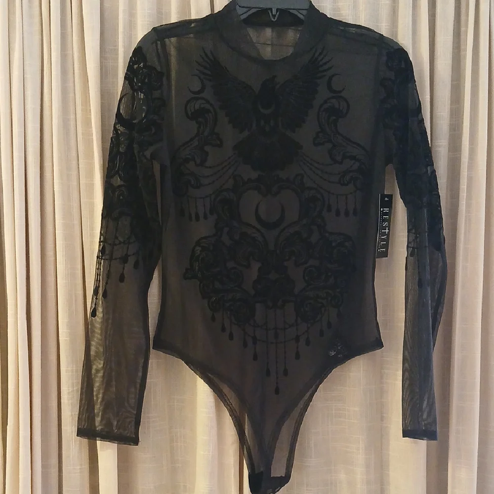 Restyle Goth Black Velvet Mesh Crow Raven Bodysuit Nwt XL - Picture 2 of 7